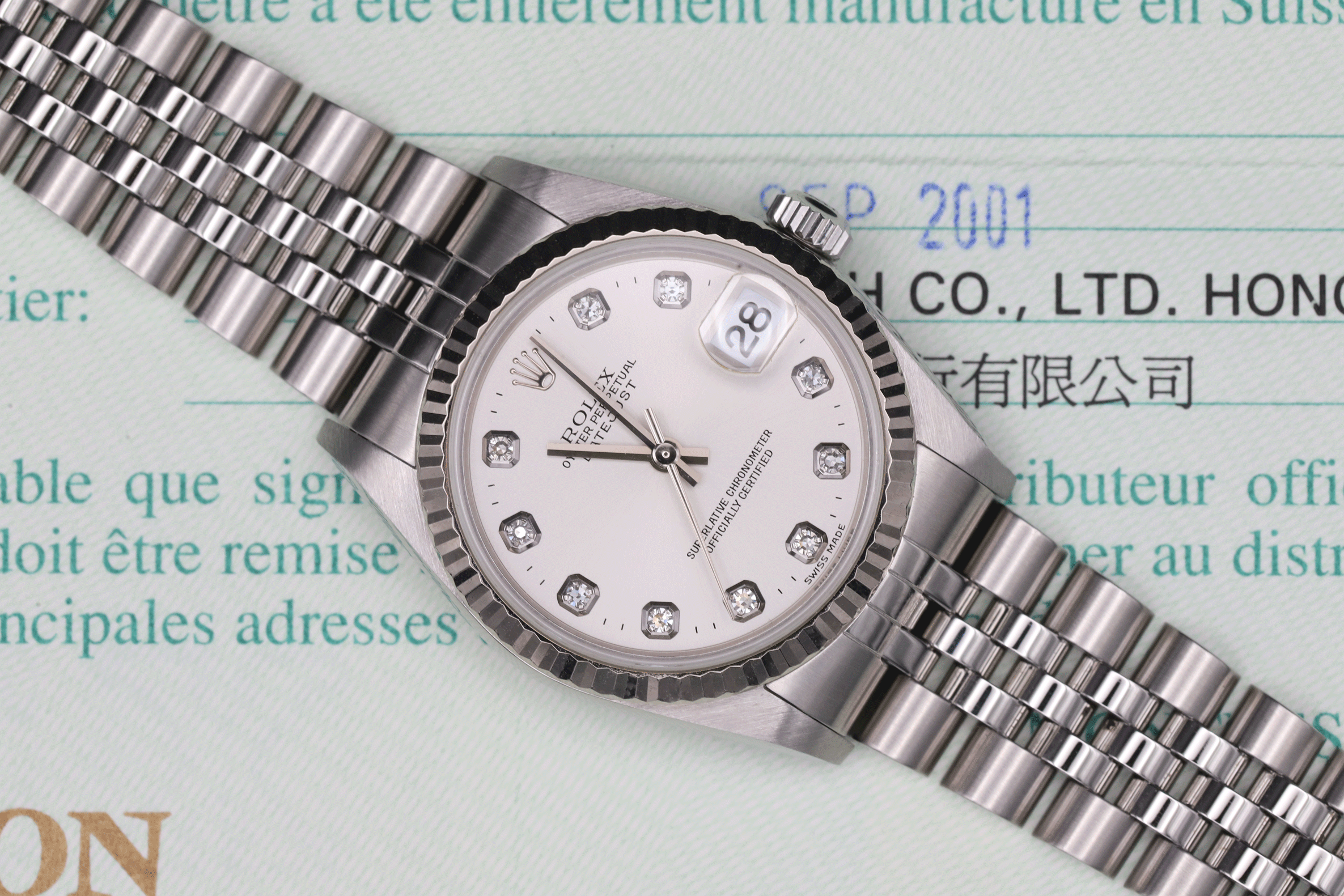 Rolex Datejust 31 78274 Silver Diamonds Green Sticker _ Full Set From 09/2001 + Tag _ Like New